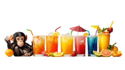 Monkey with Colorful Tropical Drinks on Transparent Background