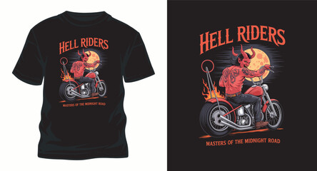 Hell riders t shirt design showcasing devil biker on motorcycle masters of midnight road themed apparel vector template for fans of motorcycle culture
