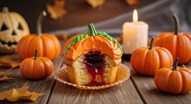 A pumpkin-shaped cupcake with a filling of red jam, surrounded by small pumpkins and lit candles on a wooden table with autumn leaves.