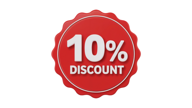 Get 10% off instantly with this vibrant red discount badge, perfect for sales, promotions, and special offers to attract customers isolated on white or transparent png.