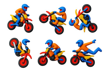 Motocross 3D Icon Set. 3D icon set of motocross stunts: high jump, whip trick, wheelie, backflip, sharp turn, mid-air pose. A set
