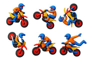 Motocross 3D Icon Set. 3D icon set of motocross stunts: high jump, whip trick, wheelie, backflip, sharp turn, mid-air pose. A set