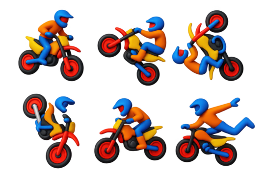 Motocross 3D Icon Set. 3D icon set of motocross stunts: high jump, whip trick, wheelie, backflip, sharp turn, mid-air pose. A set