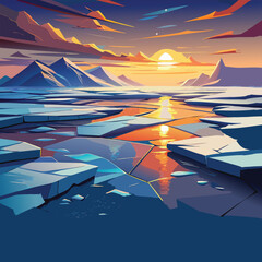 Sunset over icy landscape illustration