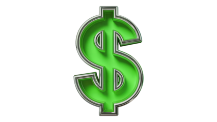Radiant green dollar sign symbol with polished chrome metallic edge, conveying wealth, finance, and prosperity in a modern, sleek design isolated on white or transparent png.