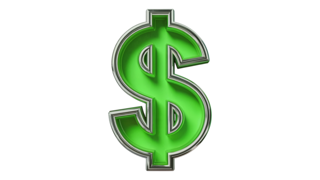 Radiant green dollar sign symbol with polished chrome metallic edge, conveying wealth, finance, and prosperity in a modern, sleek design isolated on white or transparent png.