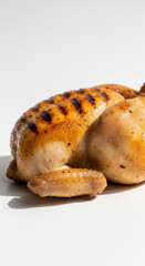 A perfectly grilled whole chicken, golden brown with visible grill marks, rests on a plain white background.