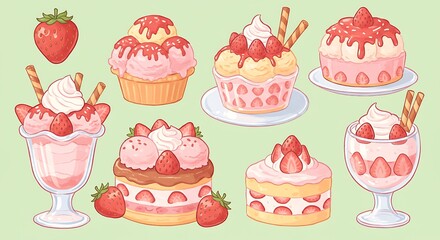 Delightful array of pink strawberry-infused desserts on a light green background