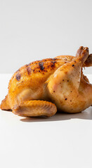 A perfectly grilled whole chicken, golden brown with visible grill marks, rests on a plain white background.
