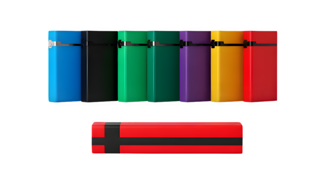Collection of colorful disposable lighters arranged in a row and stacked on a black background