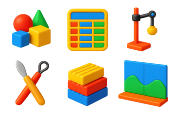 Clay Animation Tools. 3D icon set of clay animation essentials: model shapes, frame charts, rigging tools, sculpting tools, clay