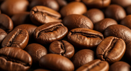A close-up shot reveals a rich, dark pile of roasted coffee beans, showcasing their texture and color.