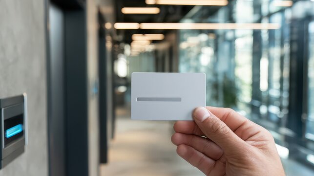 Close-up of a hand holding an electronic access card at a door reader in a modern office