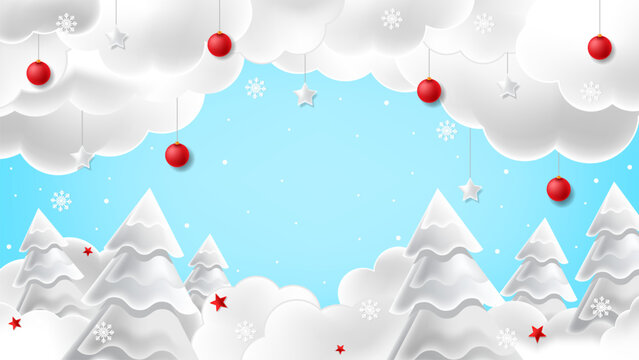 white trees around clouds and red Christmas balls, white stars, snow crystals in light blue background template