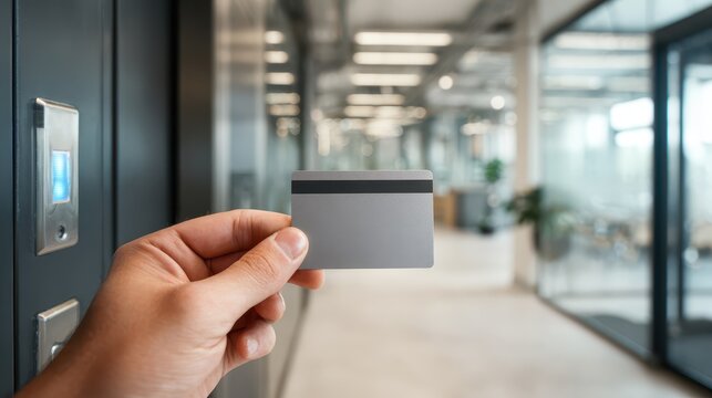 Close-up of a hand holding an electronic access card at a door reader in a modern office