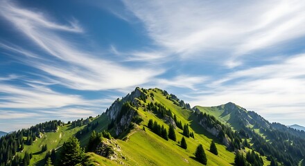 Green mountain peak under dramatic blue sky