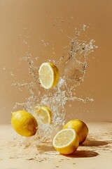Splash di limone, con gocce d'acqua che si spruzzano su uno sfondo beige.
