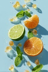 Composizione di frutta fresca con metà di lime, spicchio di mandarino, fetta di arancia, foglie di menta, cubetti di zucchero caramellato, su uno sfondo azzurro.