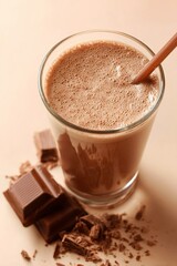 Bicchiere di latte al cioccolato cremoso e schiumoso con una cannuccia