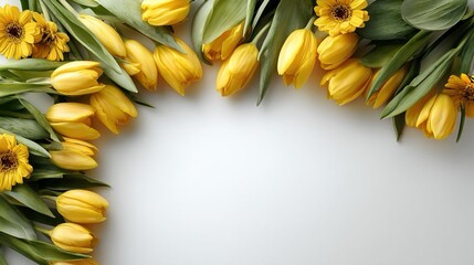 Cartoncino di auguri incorniciato da boccioli di tulipani gialli e ampio spazio per il testo.