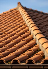 Close-up of a Traditional Clay Tile Roof in Sunlight.