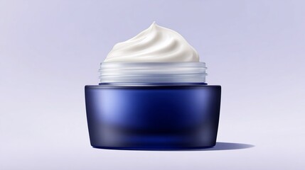 Barattolo in vetro satinato blu scuro con crema per il viso bianca