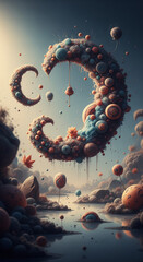 A fantastical, textured crescent moon made of colorful spheres floats above a reflective body of water with various whimsical elements.