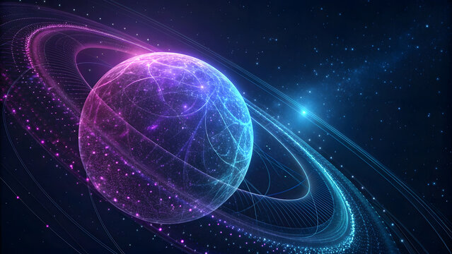 Vibrant ringed planet with cosmic nebula and stars