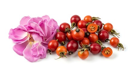 Pink rose petals beside fresh rose hips