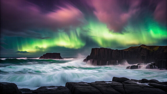 Aurora Borealis Over Rocky Coastline with Crashing Waves northern lights night Background - Powered by Adobe