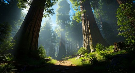 Sunlight filtering through ancient redwood forest canopy