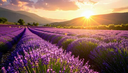 Naklejka premium A breathtaking landscape of blooming lavender fields stretching towards the horizon under a warm, radiant sunset.