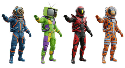 Naklejka premium Four diverse astronauts in unique suits standing together isolated on transparent background