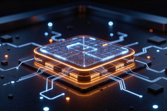 Futuristic Computer Chip with Glowing Circuits on Dark Background