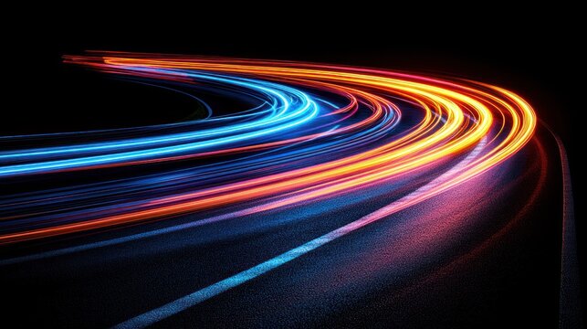 Abstract light trails curving on dark asphalt