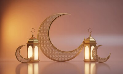 Gold moon and lanterns create a glowing Ramadan celebration