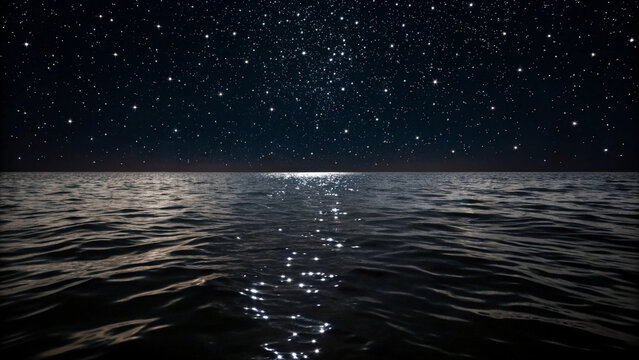 Calm dark ocean under a starry night sky with moonlit reflection on the water stars Background