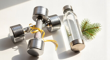 Dumbbells and water bottle with ribbon and pine branch for christmas or new year, for healthy lifestyle promotion, marketing and wellness content