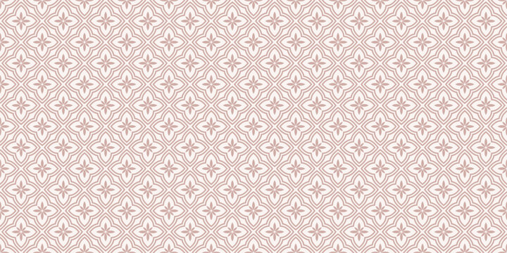 Vector floral ornament in oriental style. Elegant seamless pattern with small flowers, tiles. Simple abstract minimal background. Pink and white texture. All-over design for print, wallpaper, textile