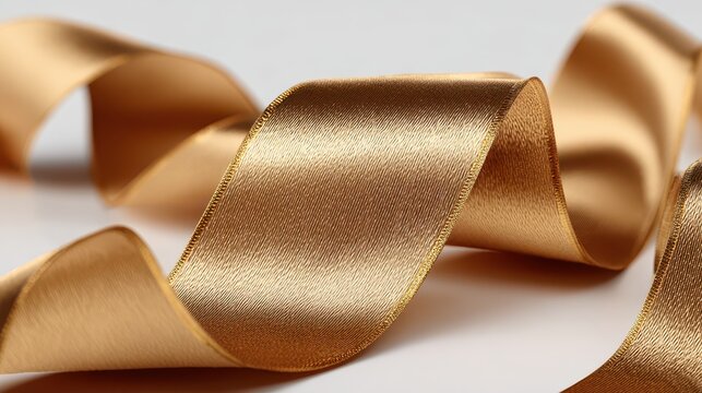 Close-up of luxurious gold ribbon banners with blank labels on a white background