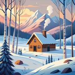Snowy Cabin in Mountain Twilight
