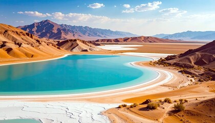 A striking turquoise lake is nestled within a vast, arid desert landscape, framed by rugged mountains and a clear blue sky.