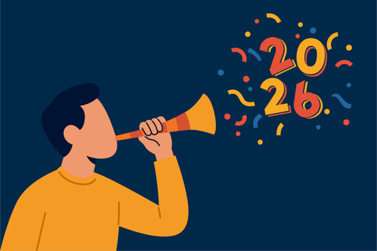 Flat Design Illustration of a Man Celebrating New Year 2026 with Party Horn and Confetti