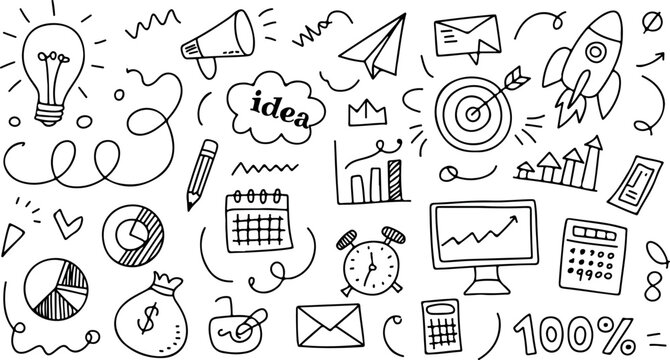 Handdrawn doodles show many business objects like lightbulb, rocket, calculator, and money bag