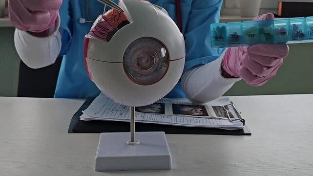 Exploring eye anatomy with a model and discussing contact lens care tips at a clinic setting