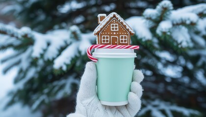 Mint cup with gingerbread house and candy cane held in snowy winter forest
