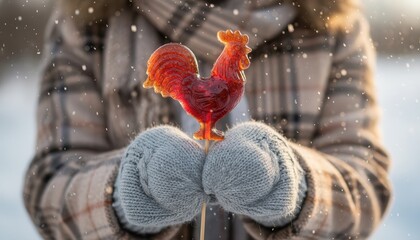 Winter mittens holding a rooster-shaped caramel lollipop in falling snow
