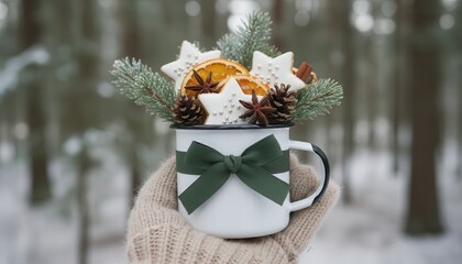 Festive winter mug with cookies, spices and pine in snowy forest
