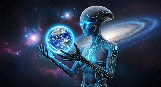 A humanoid alien holding a glowing Earth-like planet in its hands against a cosmic background. - Powered by Adobe