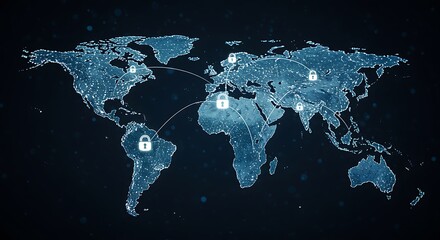 Digital map with interconnected nodes and locks representing global security networks